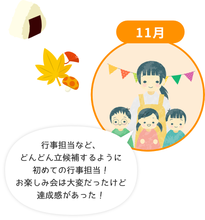 11月 行事担当など、どんどん立候補するように 初めての行事担当！お楽しみ会は大変だったけど達成感があった！